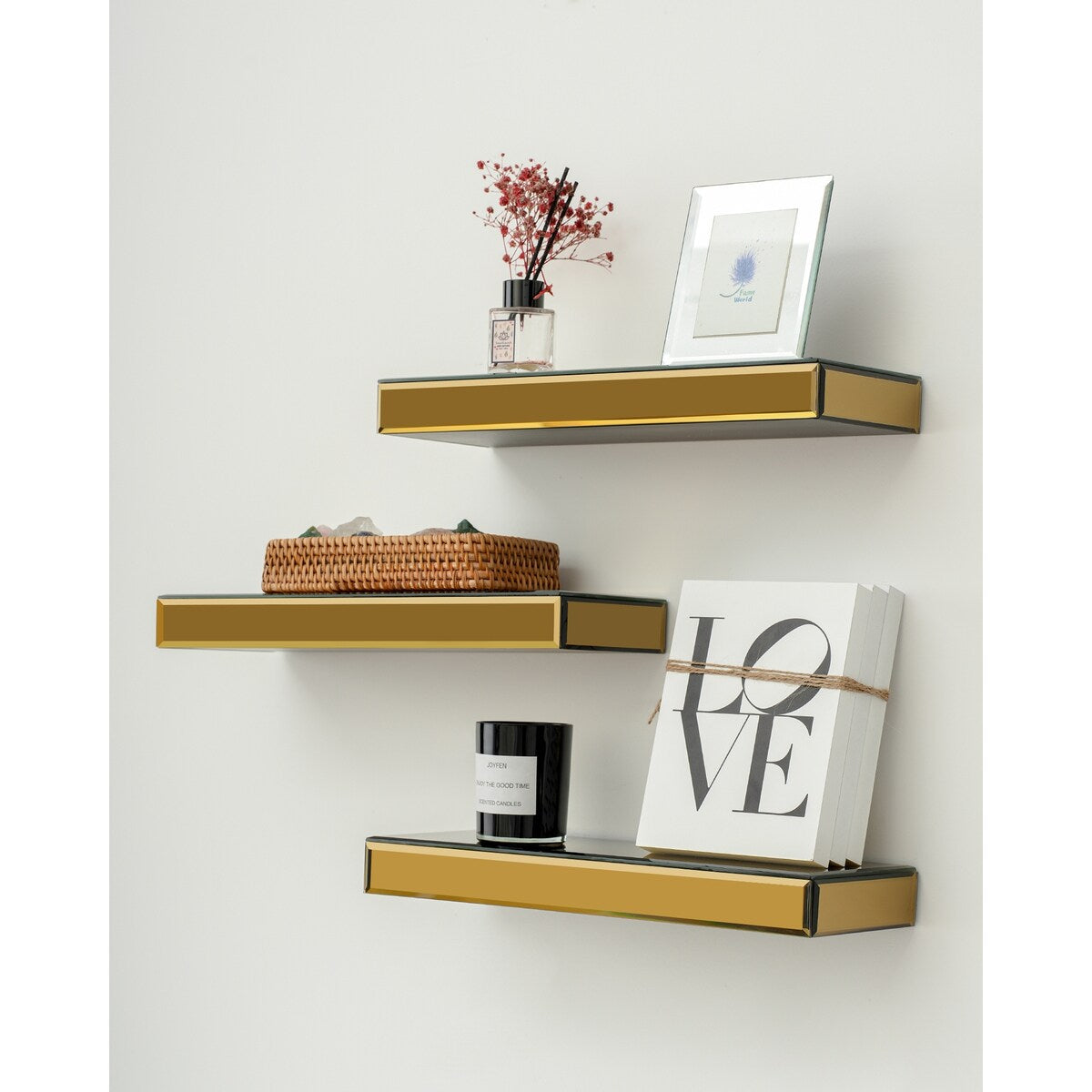 Set of 3 Mirrored Glass Floating Shelves - N/A