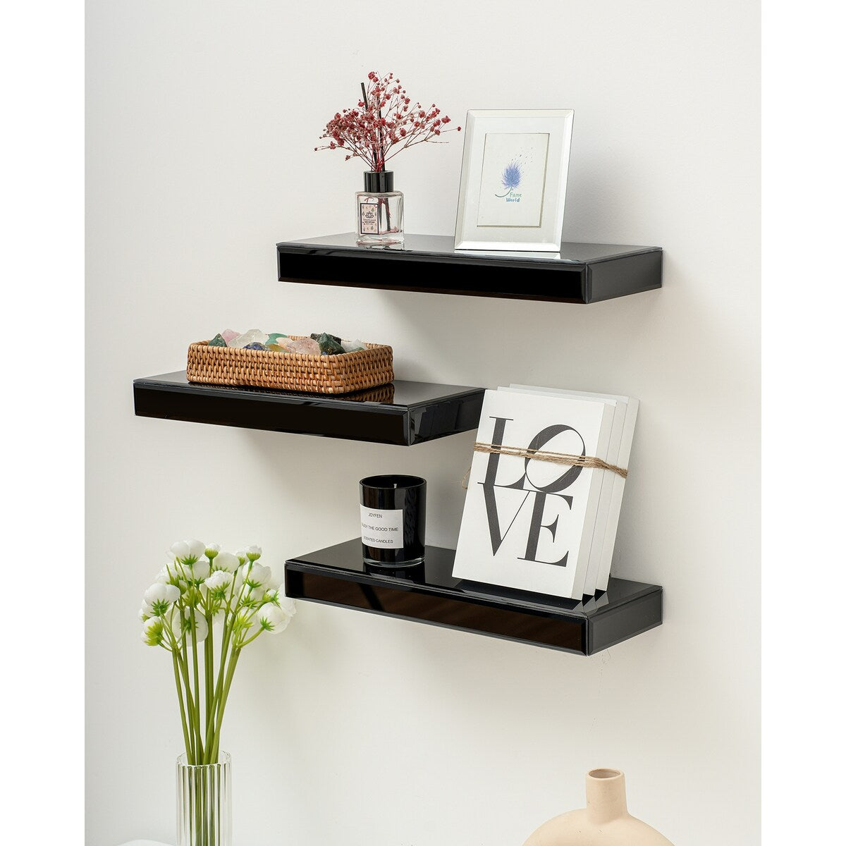 Set of 3 Mirrored Glass Floating Shelves - N/A