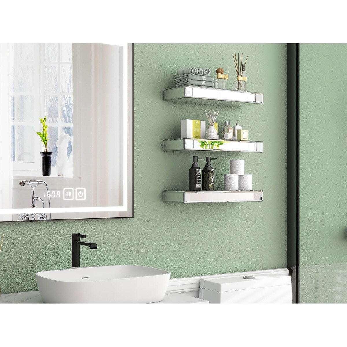 Set of 3 Mirrored Glass Floating Shelves - N/A