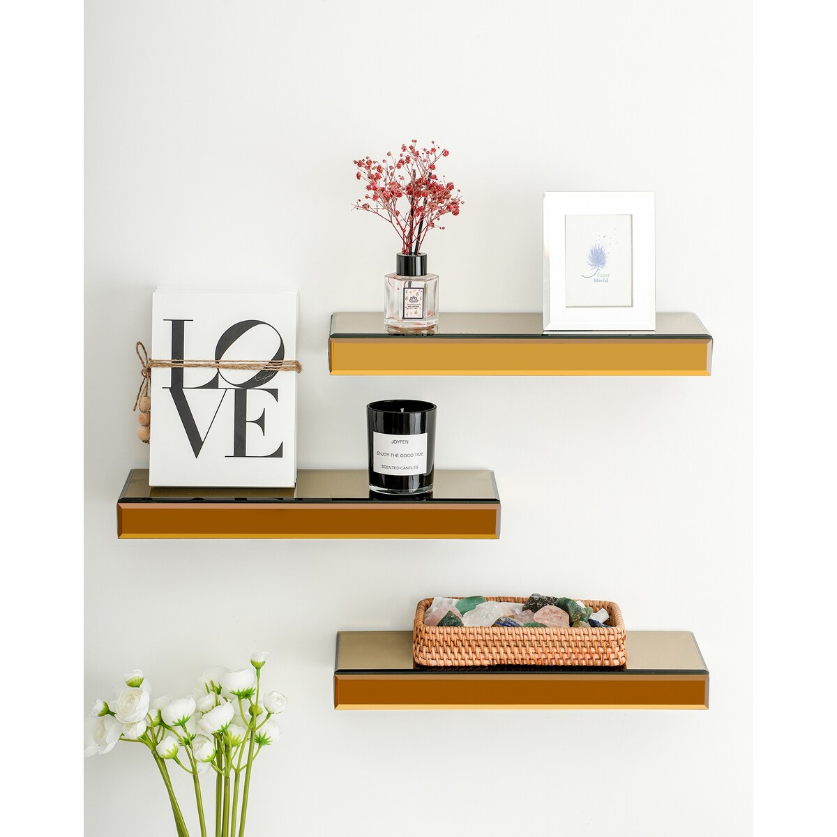 Set of 3 Mirrored Glass Floating Shelves - N/A