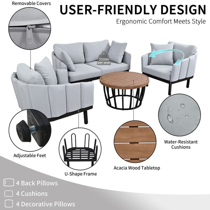 Set of 4 Pati Sofa Set with Coffee Table Loveseat+Arm Chairs Set, Gray