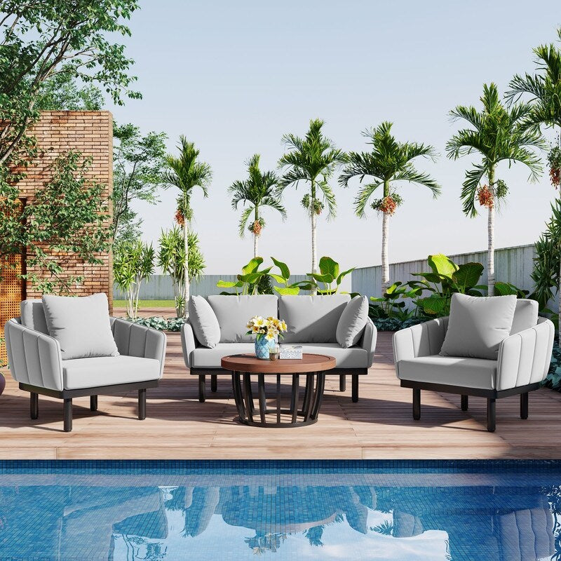 Set of 4 Pati Sofa Set with Coffee Table Loveseat+Arm Chairs Set, Gray