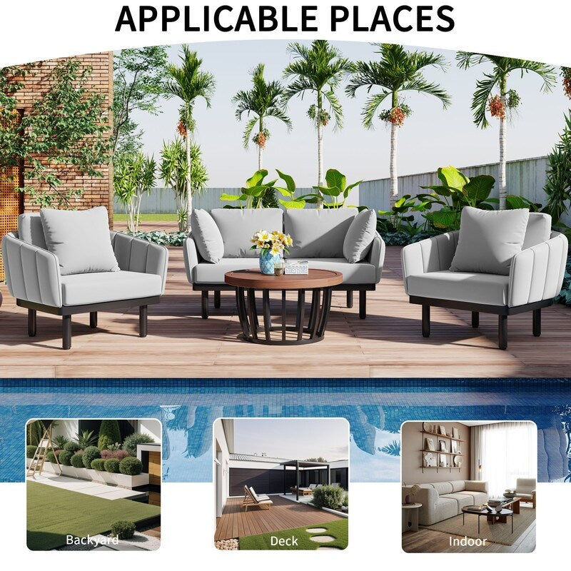 Set of 4 Pati Sofa Set with Coffee Table Loveseat+Arm Chairs Set, Gray