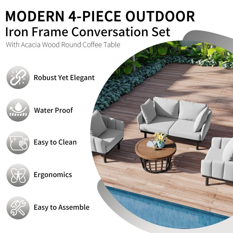 Set of 4 Pati Sofa Set with Coffee Table Loveseat+Arm Chairs Set, Gray