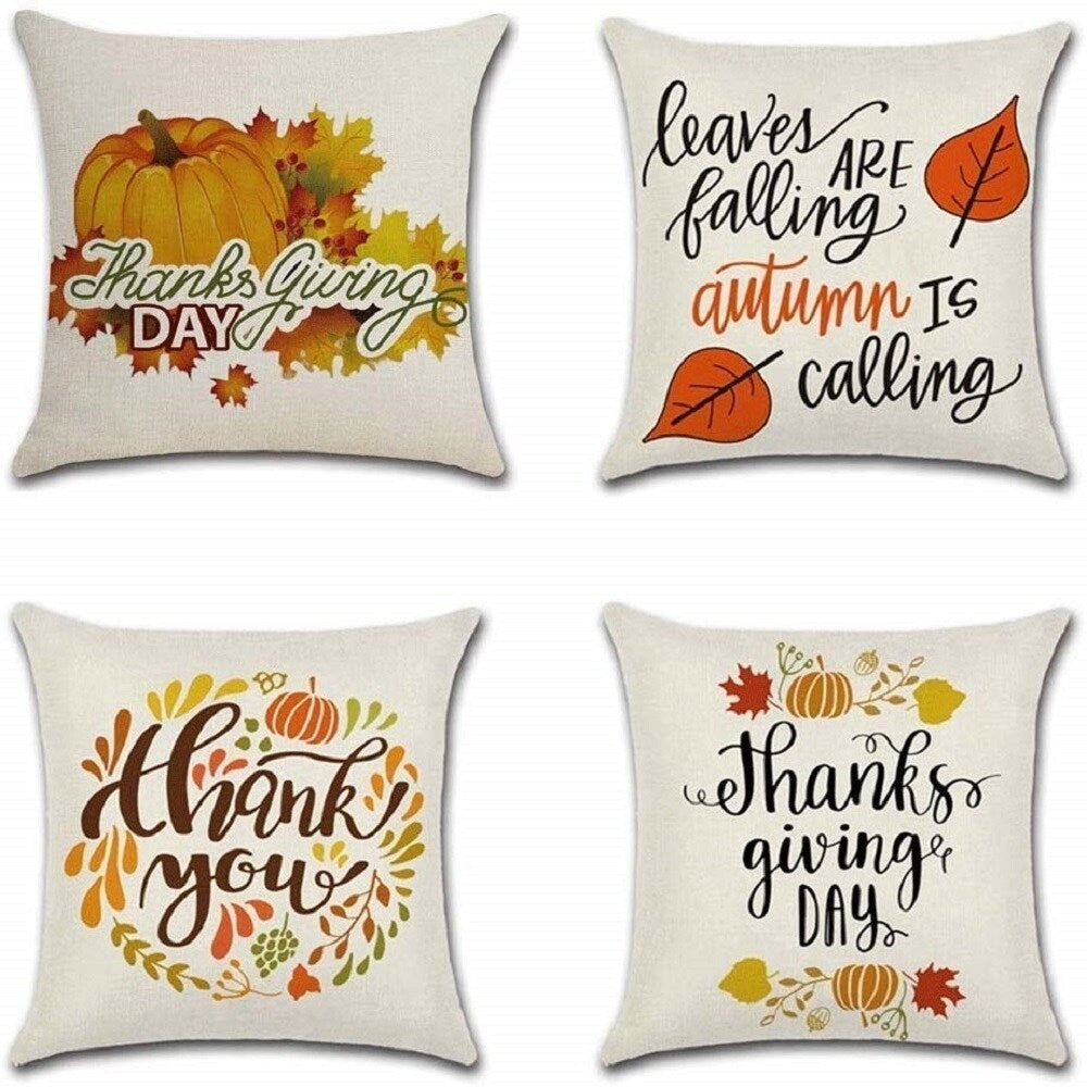 Set of 4 Pumpkin Maple Leaf Cotton Linen Pillow Case 18" x 18"