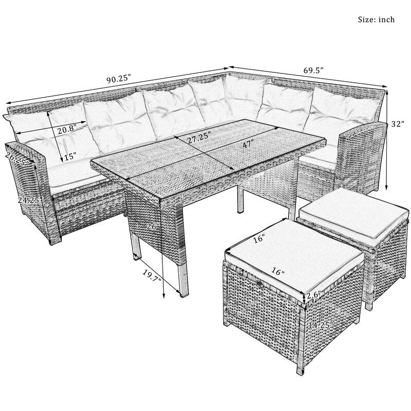 Set of 6 Patio Furniture Set Outdoor Rattan Sectional Sofa with Glass Table Ottomans, Gray