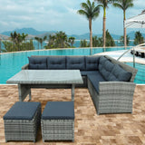 Set of 6 Patio Furniture Set Outdoor Rattan Sectional Sofa with Glass Table Ottomans, Gray
