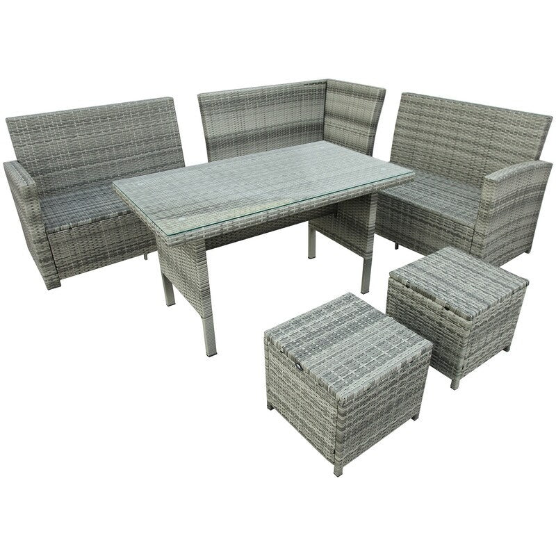 Set of 6 Patio Furniture Set Outdoor Rattan Sectional Sofa with Glass Table Ottomans, Gray