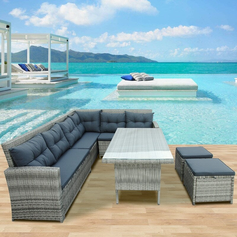 Set of 6 Patio Furniture Set Outdoor Rattan Sectional Sofa with Glass Table Ottomans, Gray