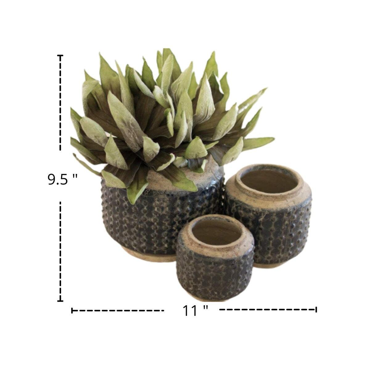 Set of Three Dark Blue Knobby Ceramic Pots - 9.5-inch Tall