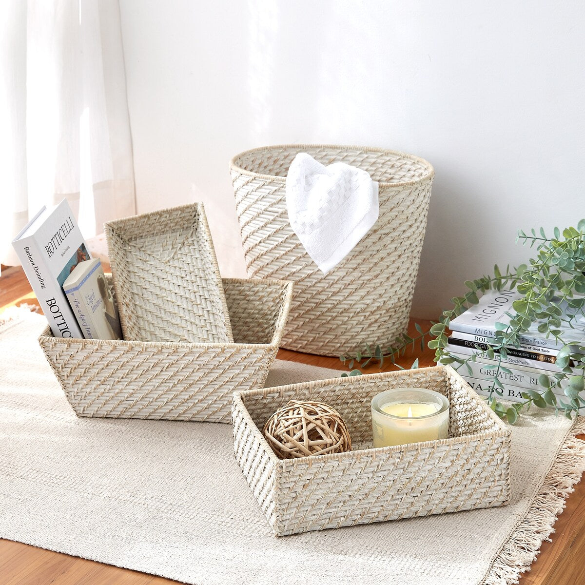 Set of Three Hapao Weave Rattan Bath Storage - White