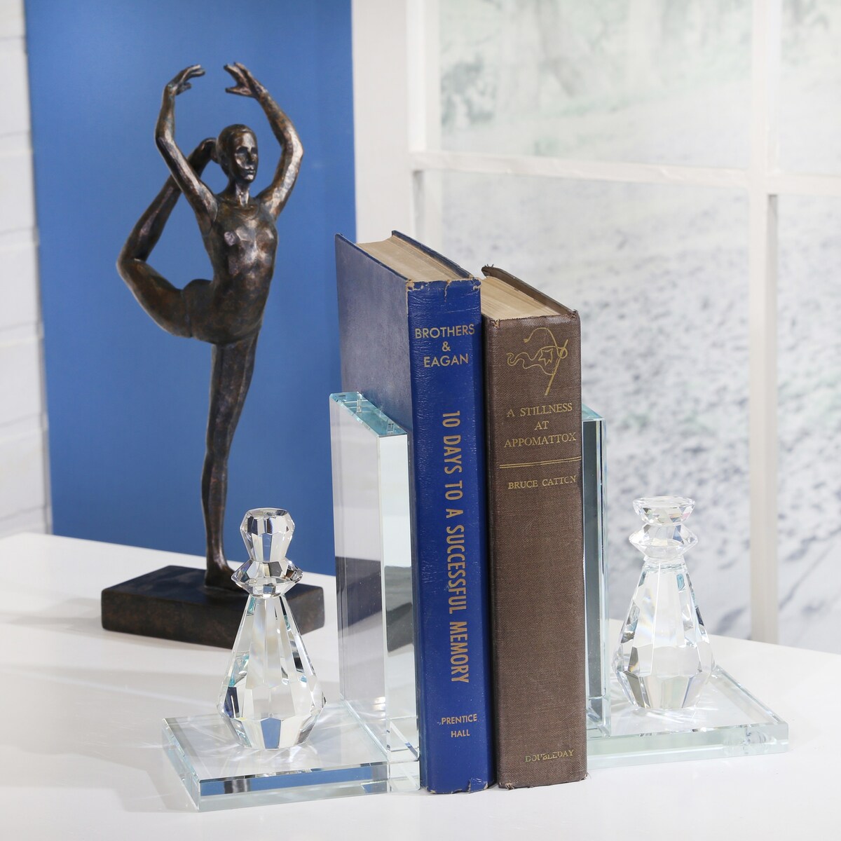 Set of Two 7"H 4" Diameter Frosted Crystal Chess Piece Bookends for Bookshelves in Your Library, Den, Office, Living