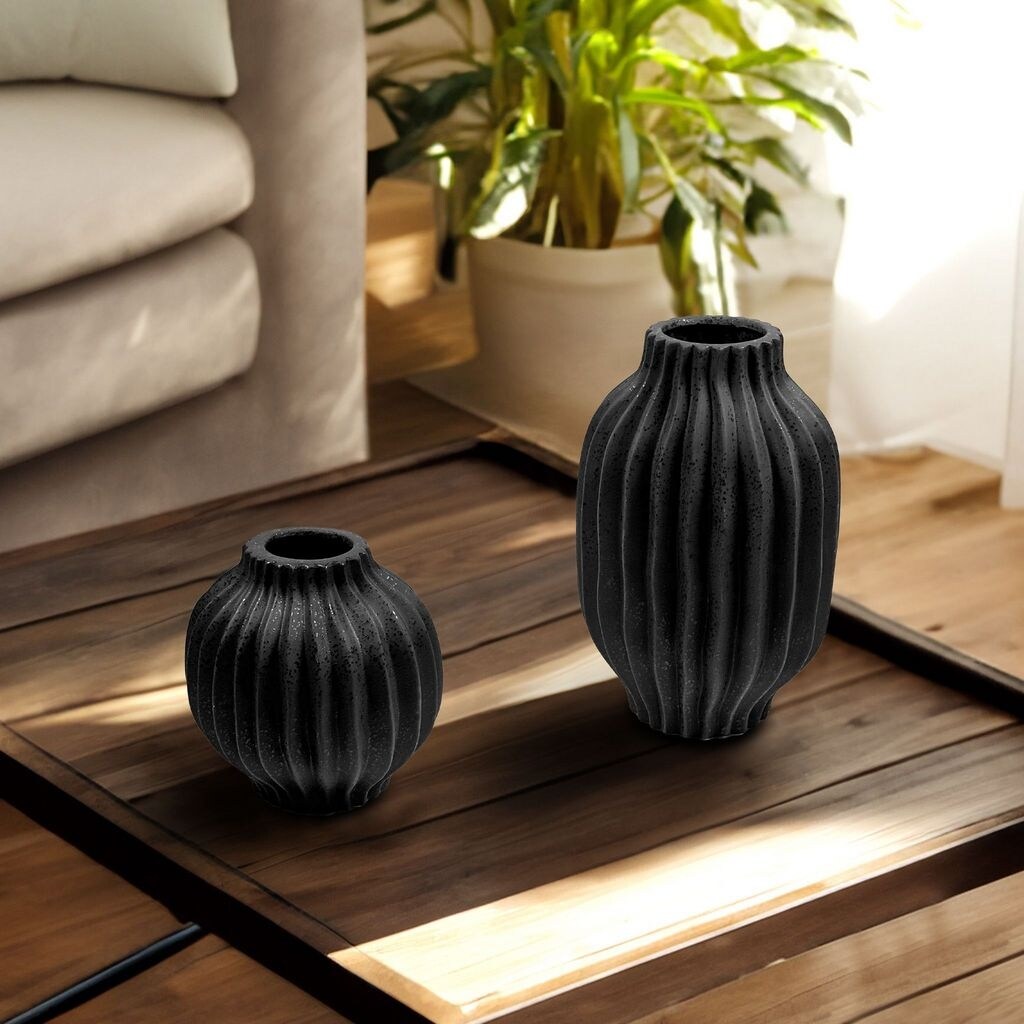 Set of Two Black Vertical Grooved Vases