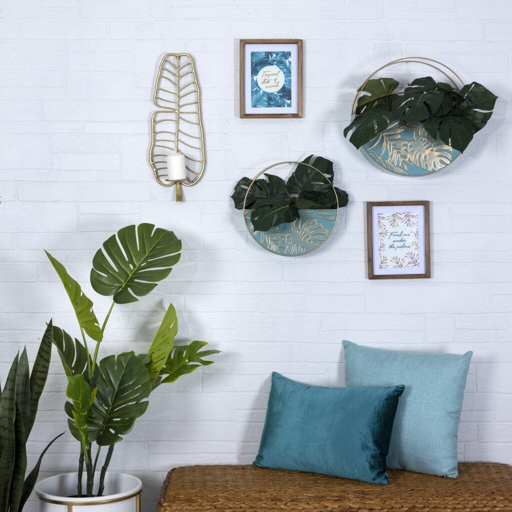 Set of Two Blue and Gold Leaf Pattern Wall Planters - 15" H x 15" W x 4.5" D