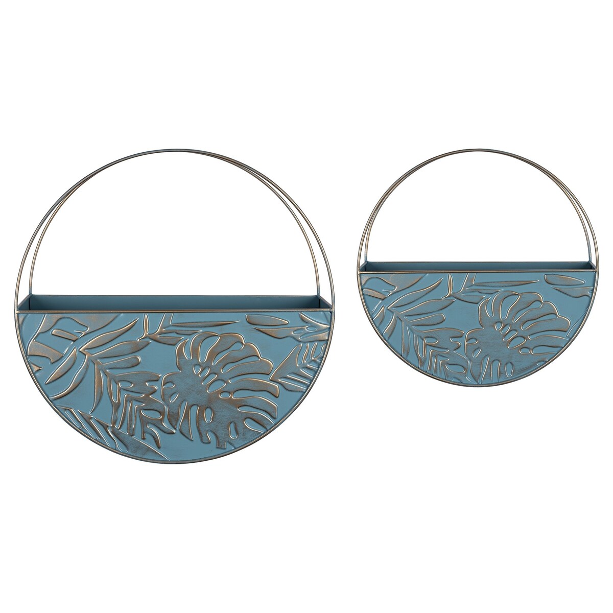 Set of Two Blue and Gold Leaf Pattern Wall Planters - 15" H x 15" W x 4.5" D
