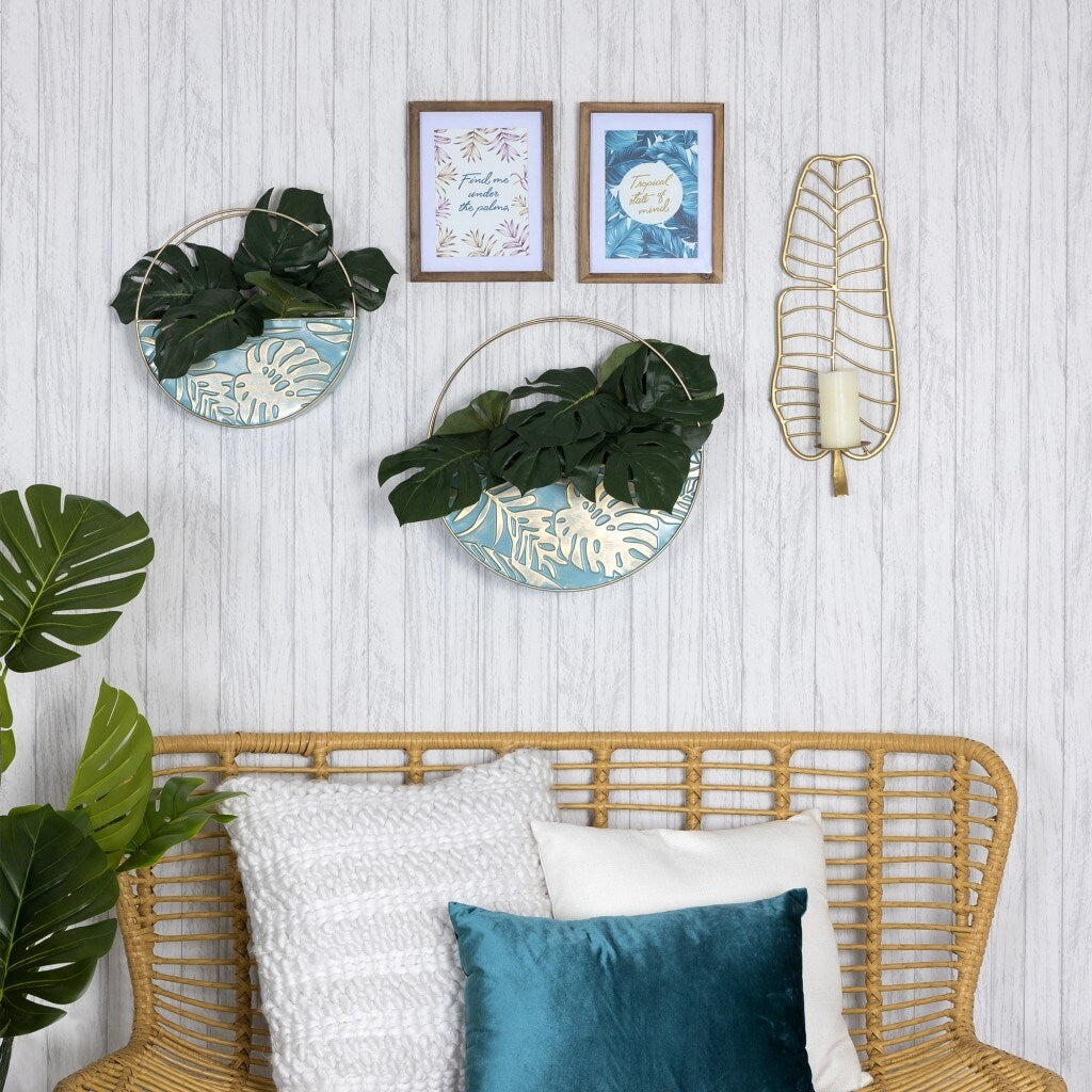 Set of Two Blue and Gold Leaf Pattern Wall Planters - 15" H x 15" W x 4.5" D