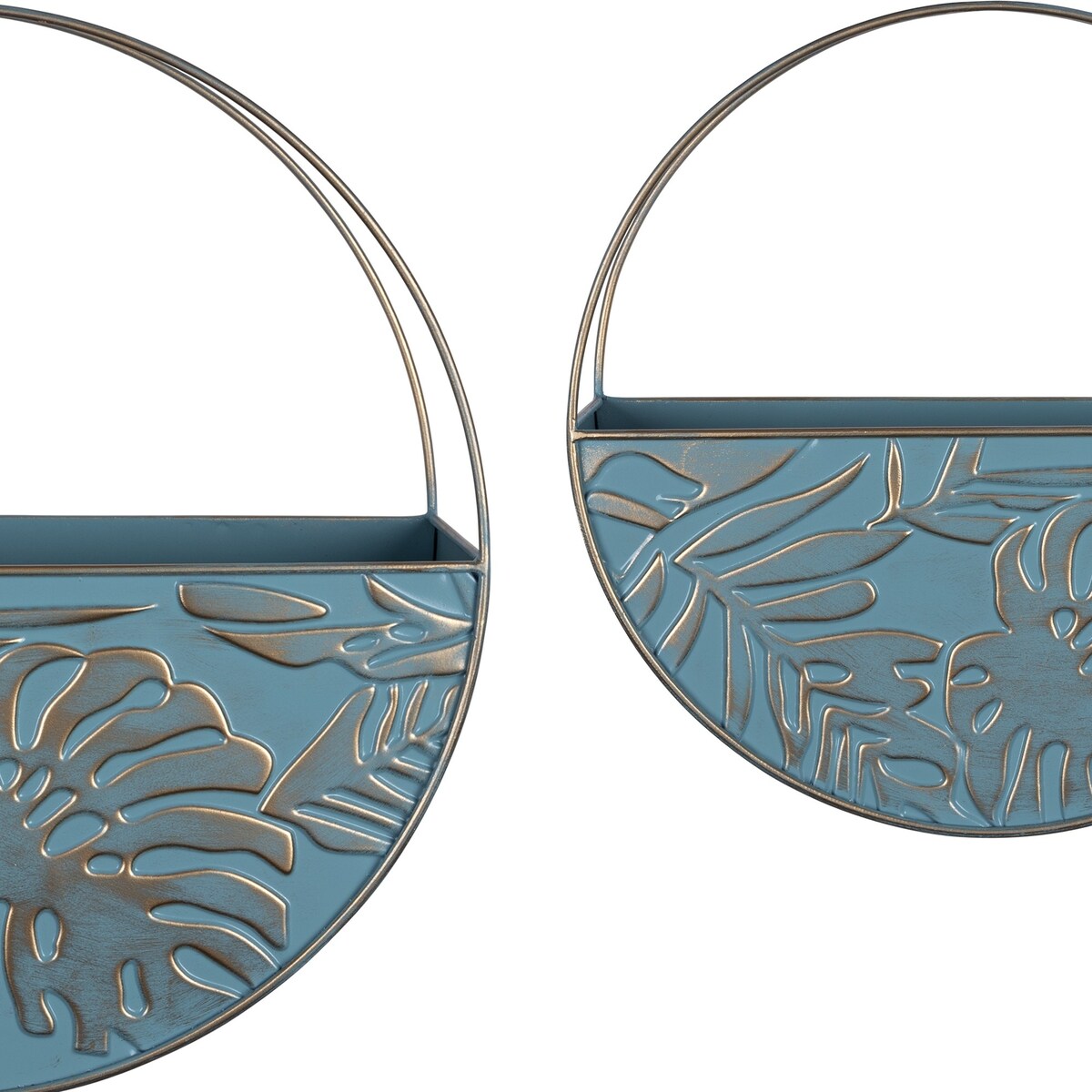 Set of Two Blue and Gold Leaf Pattern Wall Planters - 15" H x 15" W x 4.5" D