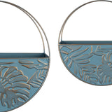 Set of Two Blue and Gold Leaf Pattern Wall Planters - 15" H x 15" W x 4.5" D