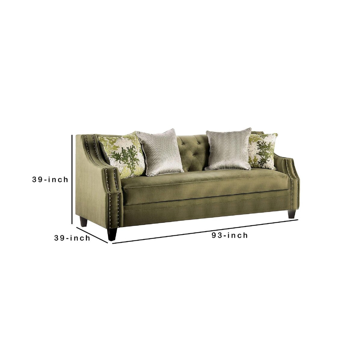 Seth 93 Inch Modern Sofa, Bench Style Cushion, Scooped Arms, Green