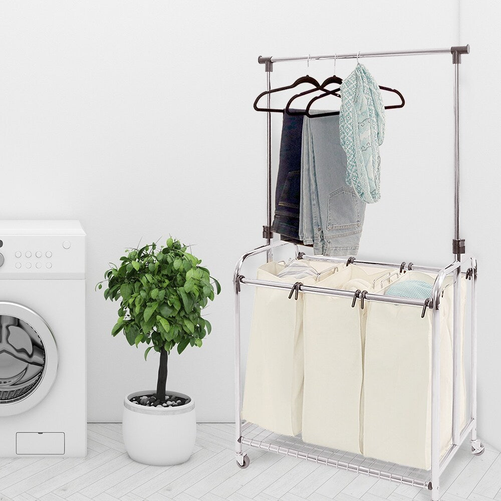 Seville Classics 3-Bag Heavy-Duty Mobile Laundry Hamper Sorter with Clothes Rack Cart