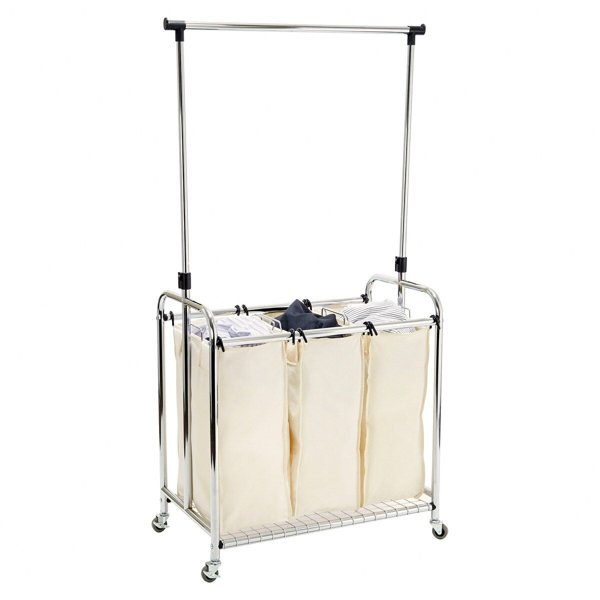 Seville Classics 3-Bag Heavy-Duty Mobile Laundry Hamper Sorter with Clothes Rack Cart