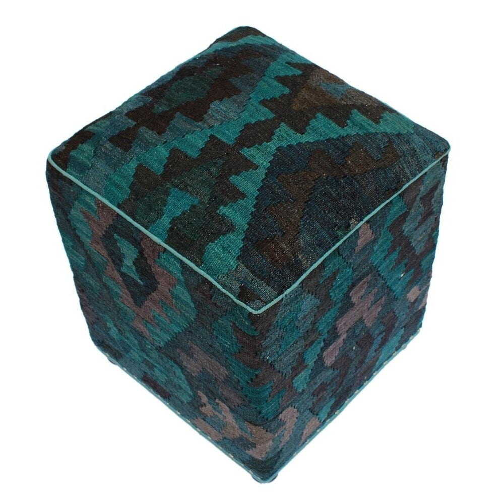 Sewell Teal/Black Handmade Kilim Upholstered Ottoman 16"x16"x20"