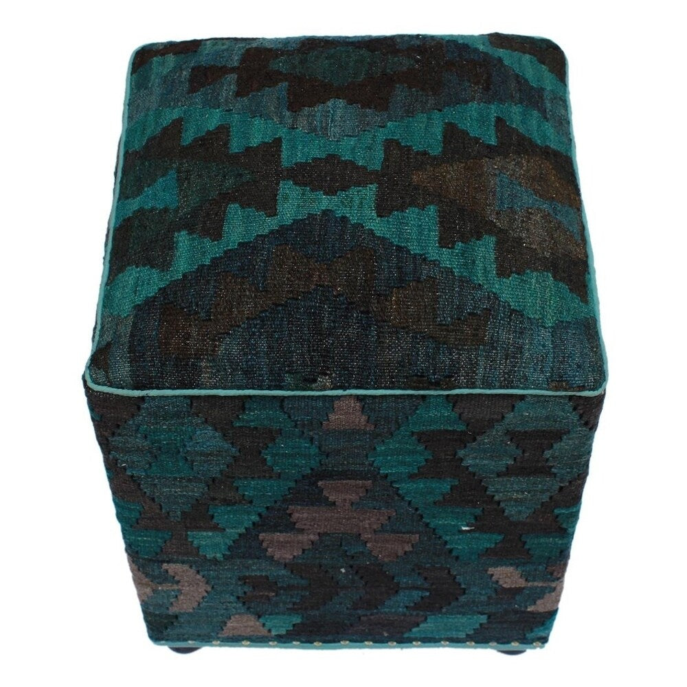 Sewell Teal/Black Handmade Kilim Upholstered Ottoman 16"x16"x20"