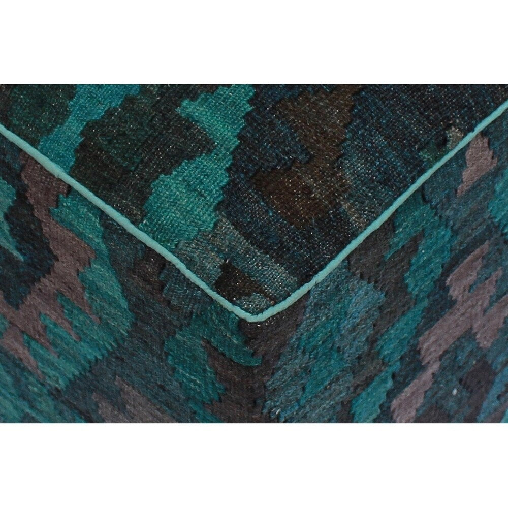 Sewell Teal/Black Handmade Kilim Upholstered Ottoman 16"x16"x20"