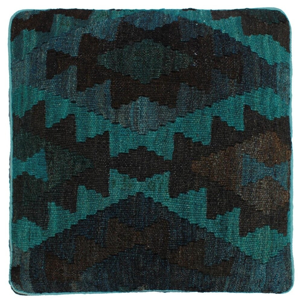 Sewell Teal/Black Handmade Kilim Upholstered Ottoman 16"x16"x20"
