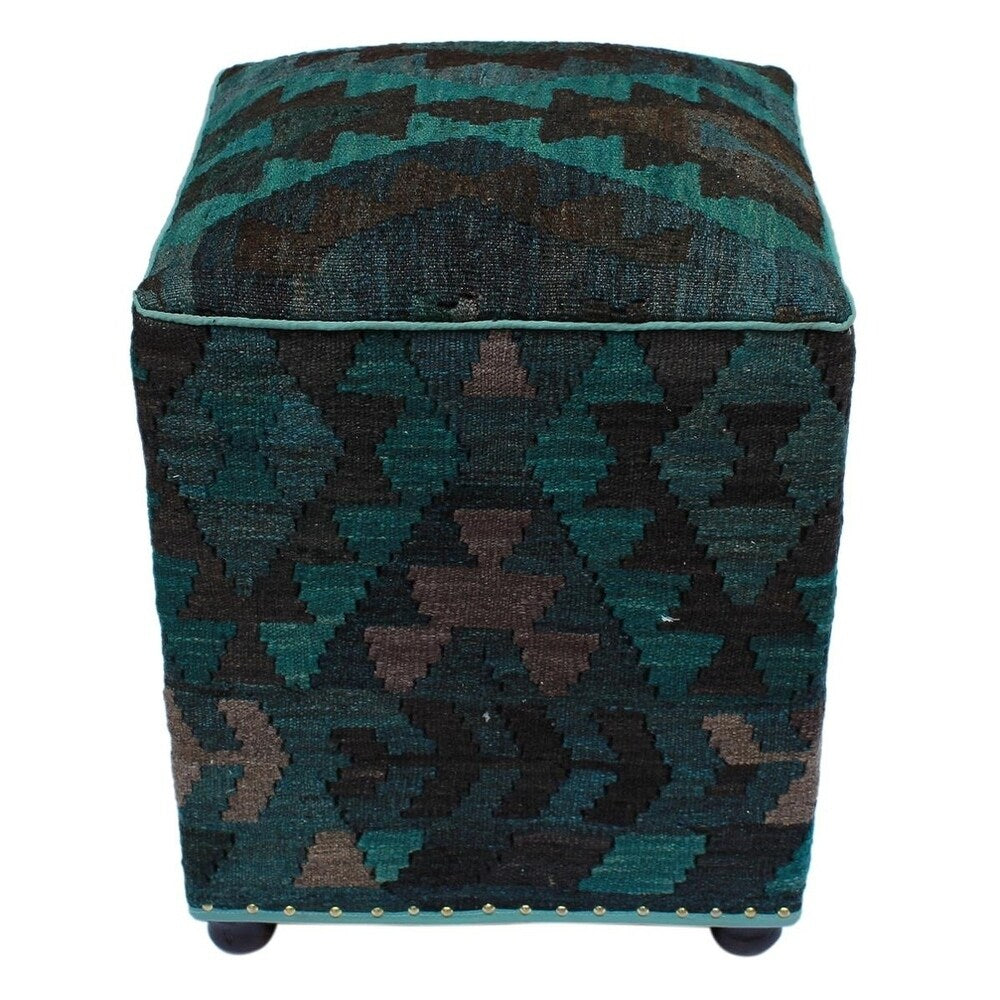 Sewell Teal/Black Handmade Kilim Upholstered Ottoman 16"x16"x20"