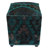 Sewell Teal/Black Handmade Kilim Upholstered Ottoman 16"x16"x20"