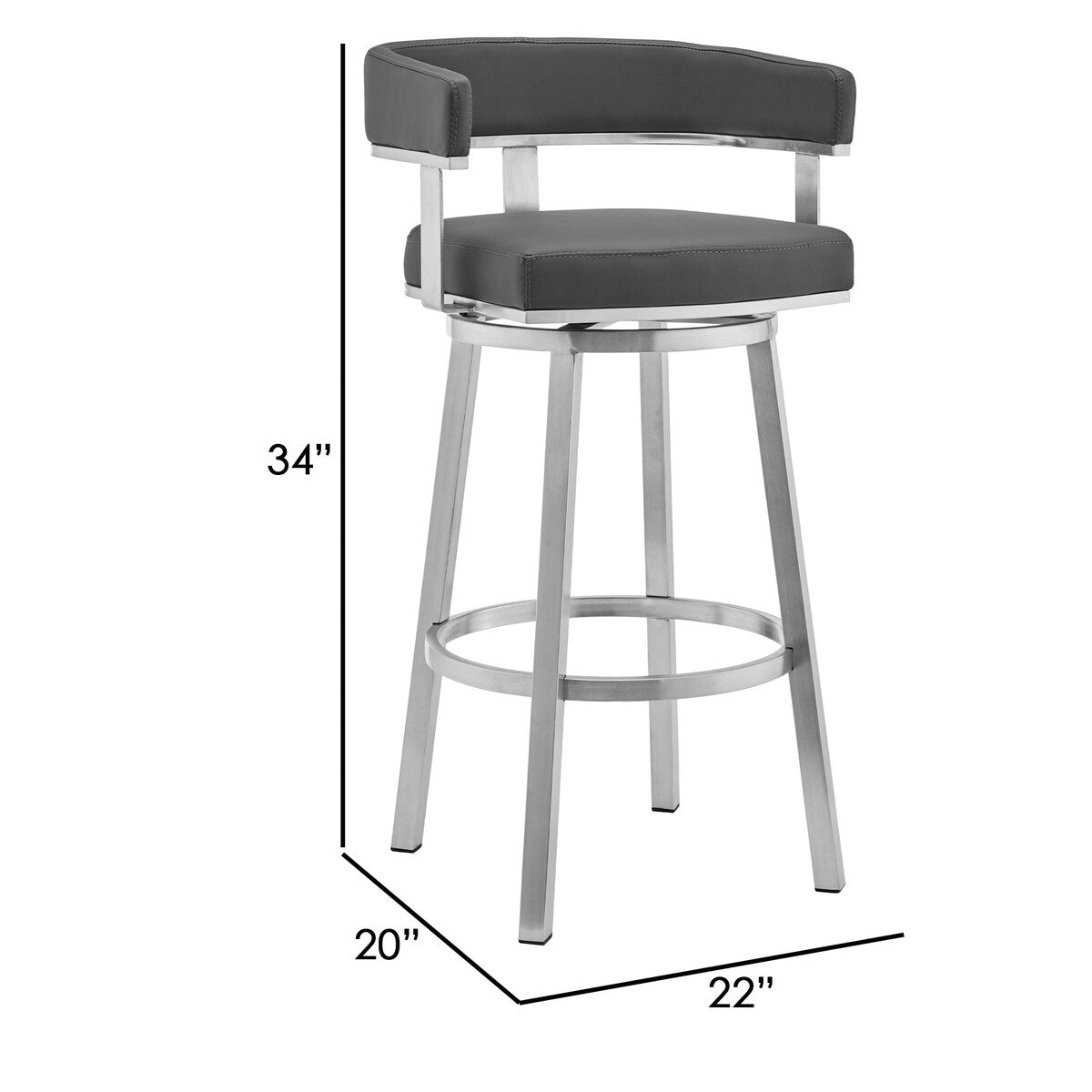 Sez 26 Inch Modern Swivel Counter Stool Arm Chair, Backrest, Steel, Gray