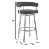 Sez 26 Inch Modern Swivel Counter Stool Arm Chair, Backrest, Steel, Gray