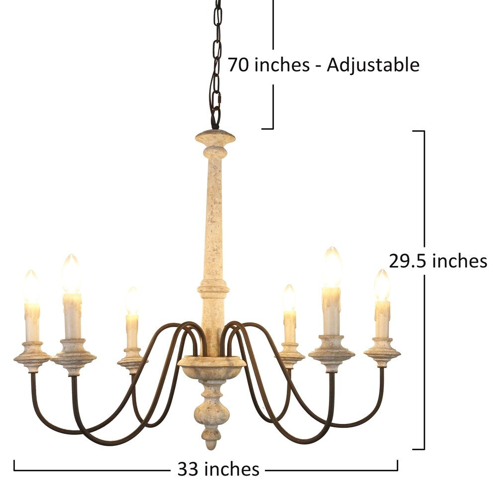 Oaks Aura Rustic Shabby Chic 6-Light Off-White Wood Candle Chandelier - 33 inches