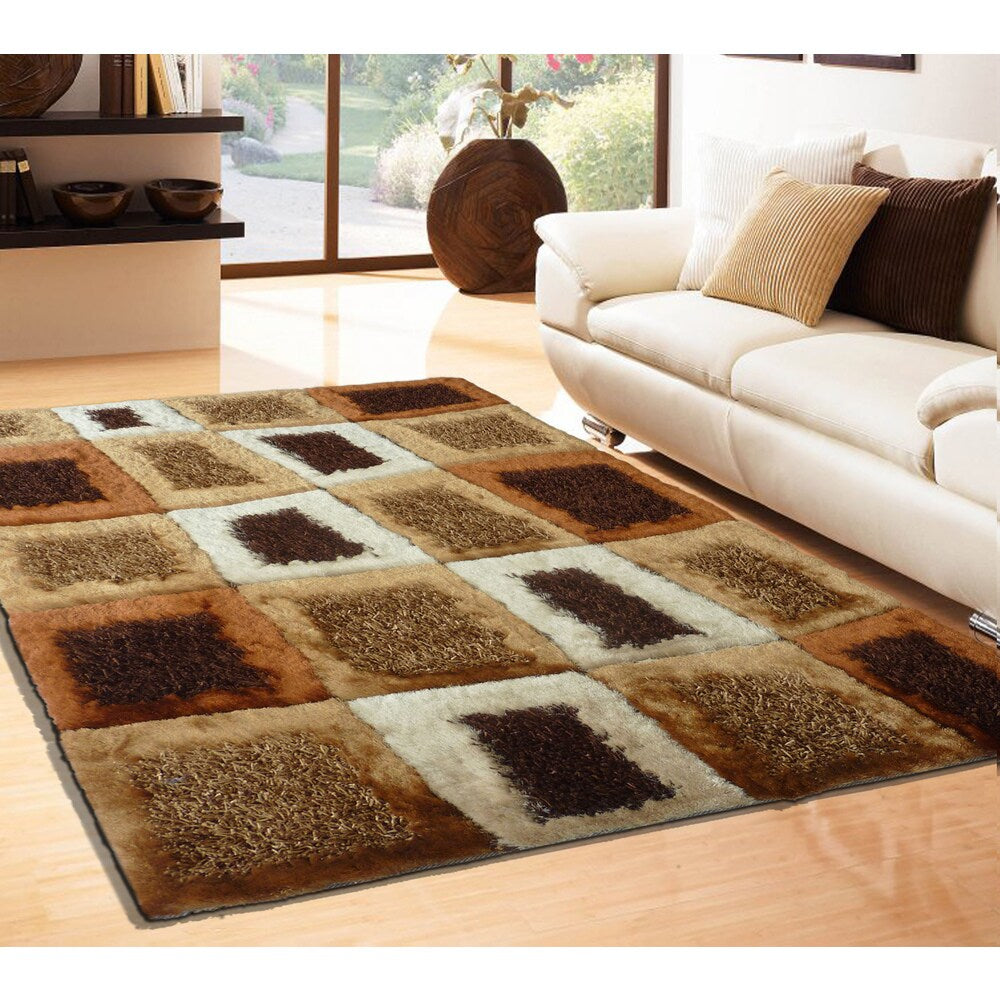 Square Design Beige/Brown/Rust Shag Area Rug - 5' x 7'