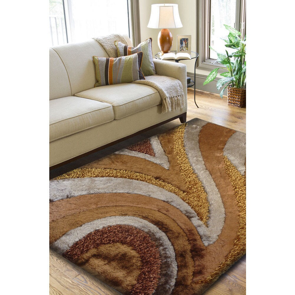 Geometric Beige/Brown/Rust Shag Area Rug - 5' x 7'
