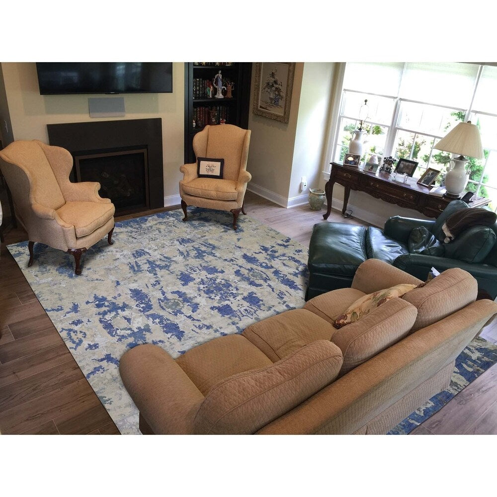 Shahbanu Rugs Abstract Design Wool And Silk Hand-Knotted Modern Rug (9'0" x 12'1") - 9'0" x 12'1"
