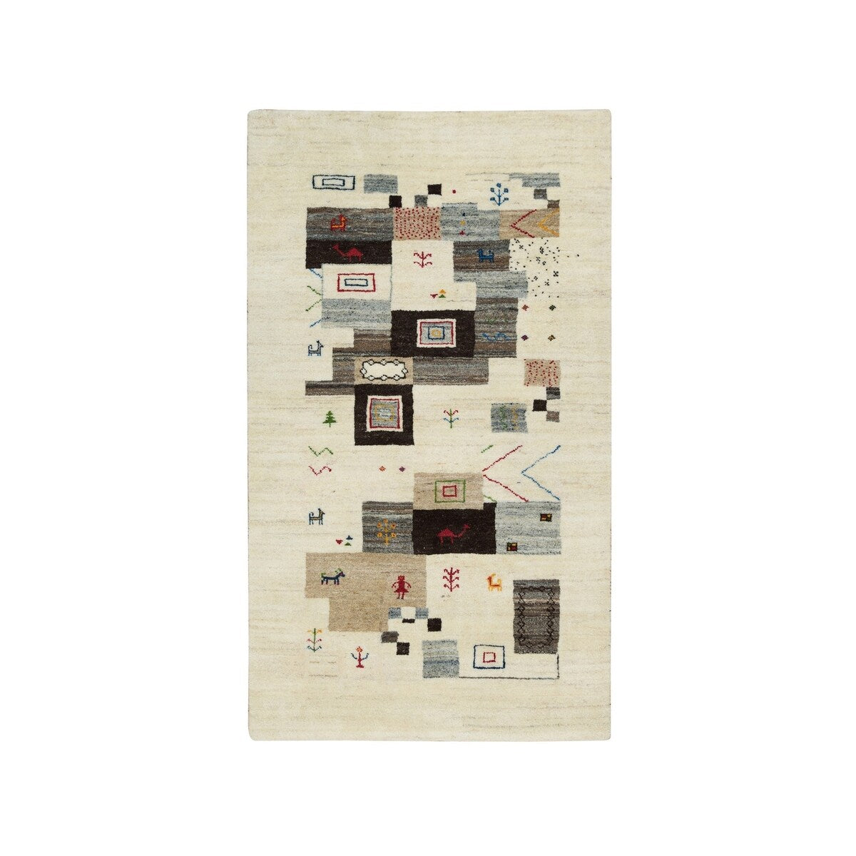 Shahbanu Rugs Abstract White Thick and Plush Soft Pile Wool Lori Buft Gabbeh Small Animal Figurines Hand Knotted Rug (3'0"x5'4")