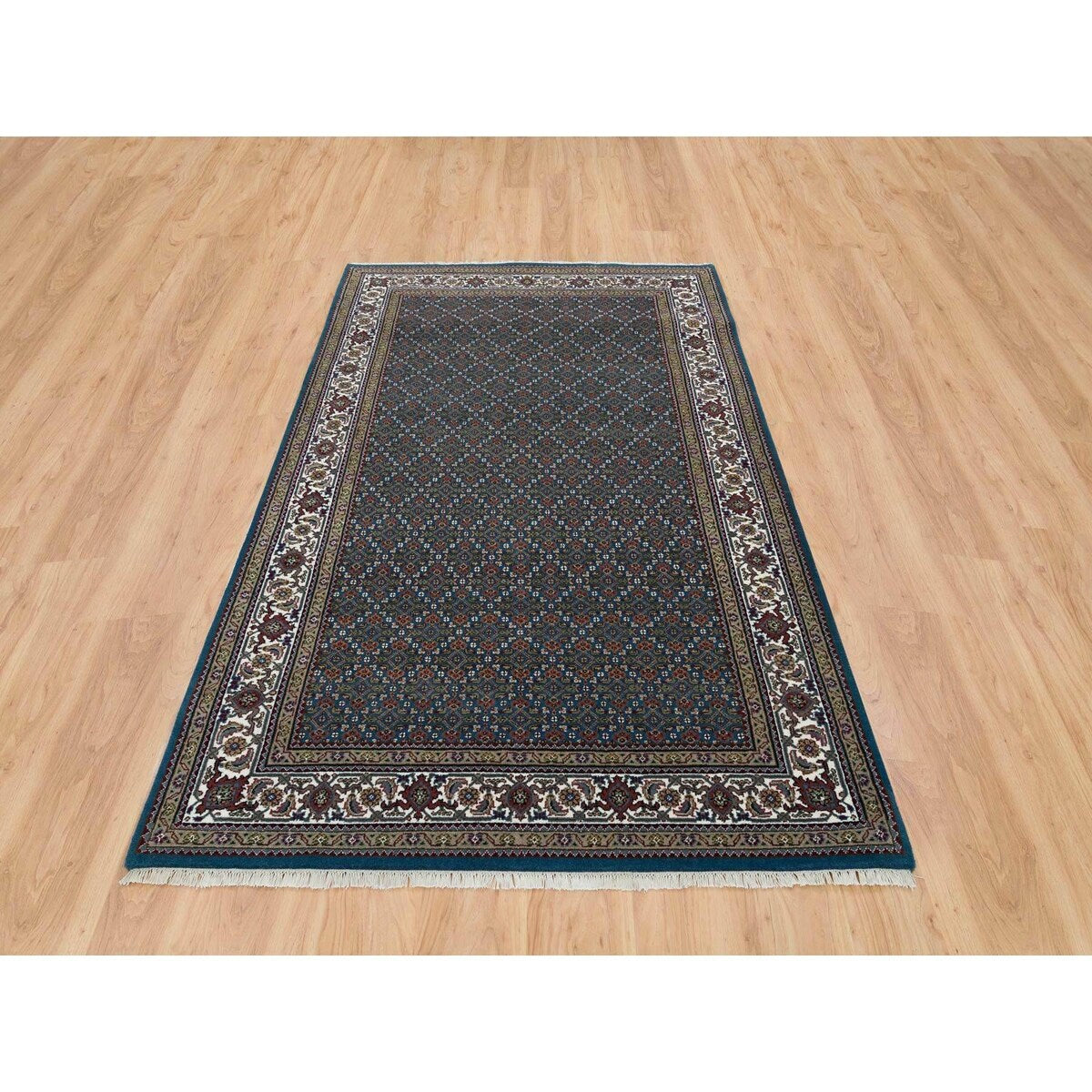 Shahbanu Rugs Aegean Blue 175 KPSI Pure Wool Mahi All Over Fish with Criss Cross Design Hand Knotted Oriental Rug (4'11" x 8'1")