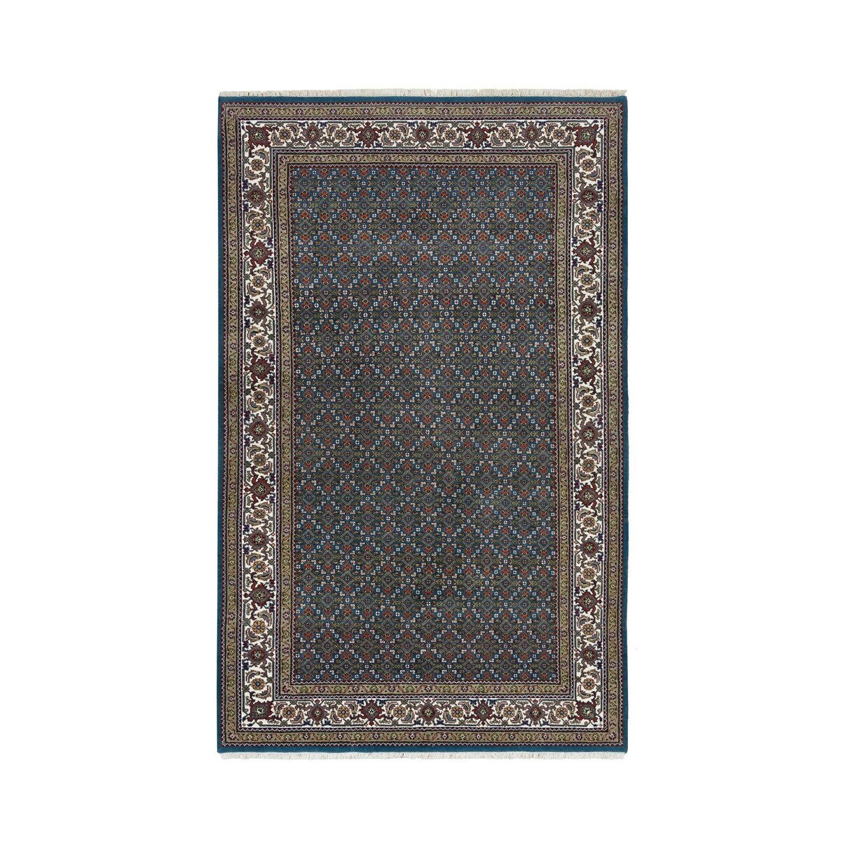 Shahbanu Rugs Aegean Blue 175 KPSI Pure Wool Mahi All Over Fish with Criss Cross Design Hand Knotted Oriental Rug (4'11" x 8'1")