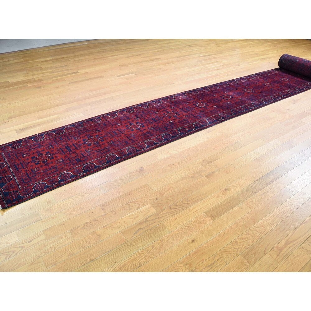Shahbanu Rugs Afghan Khamyab Silky Wool XL Runner Hand-Knotted Oriental Rug (2'6" x 30'10") - 2'6" x 30'10"
