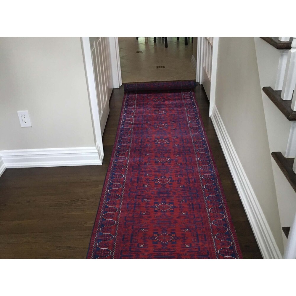 Shahbanu Rugs Afghan Khamyab Silky Wool XL Runner Hand-Knotted Oriental Rug (2'6" x 30'10") - 2'6" x 30'10"