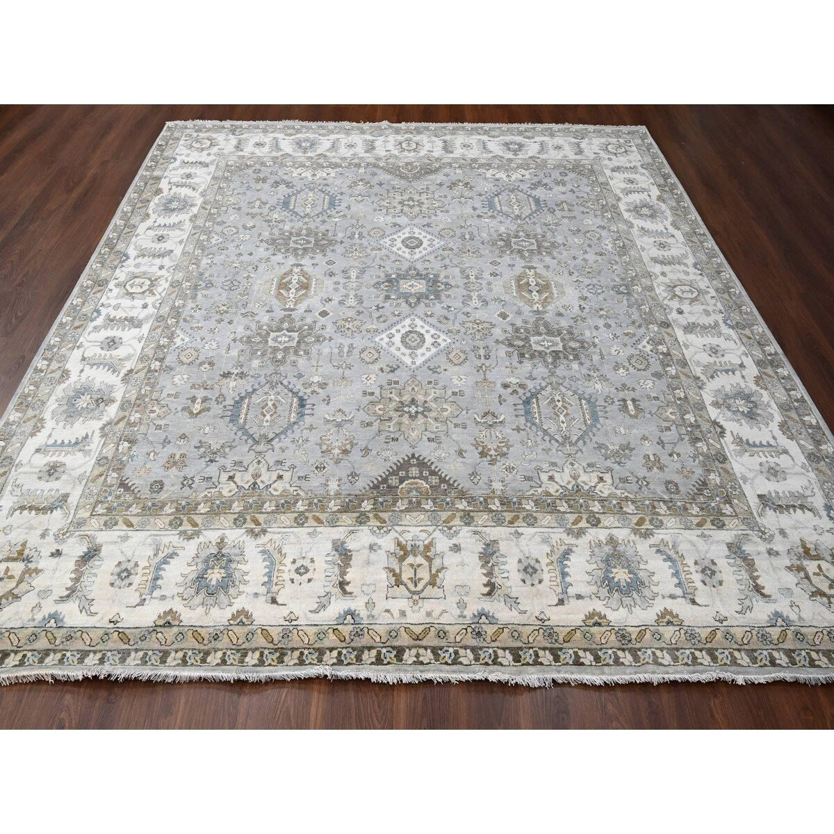 Shahbanu Rugs Agreeable Gray and Delicate White Karajeh with All Over Geometric Design Hand Knotted Squarish Wool Rug (11'x11')