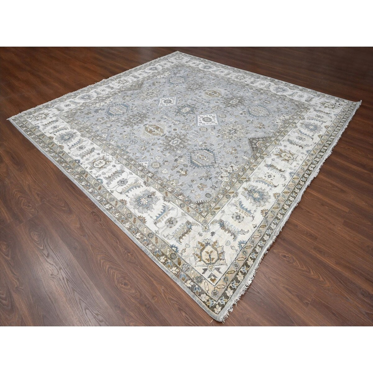 Shahbanu Rugs Agreeable Gray and Delicate White Karajeh with All Over Geometric Design Hand Knotted Squarish Wool Rug (11'x11')