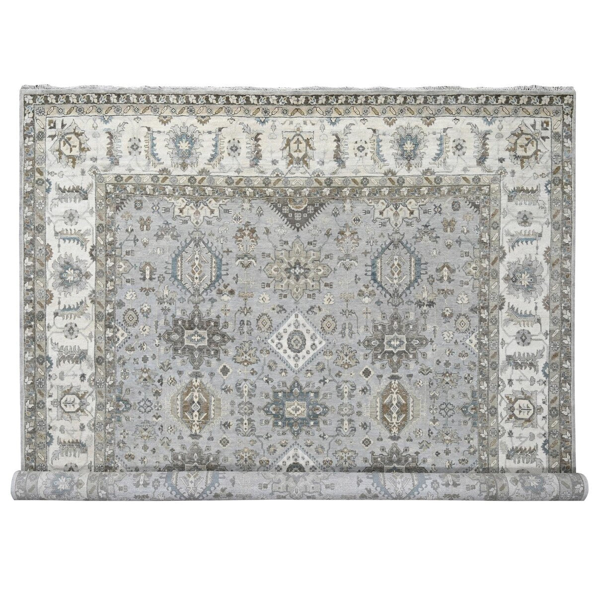 Shahbanu Rugs Agreeable Gray and Delicate White Karajeh with All Over Geometric Design Hand Knotted Squarish Wool Rug (11'x11')