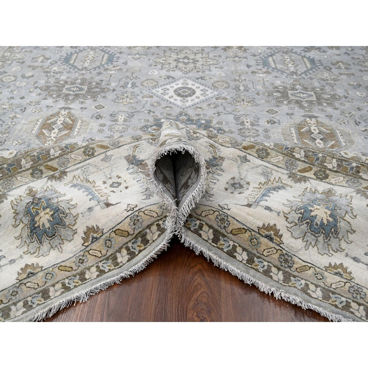 Shahbanu Rugs Agreeable Gray and Delicate White Karajeh with All Over Geometric Design Hand Knotted Squarish Wool Rug (11'x11')