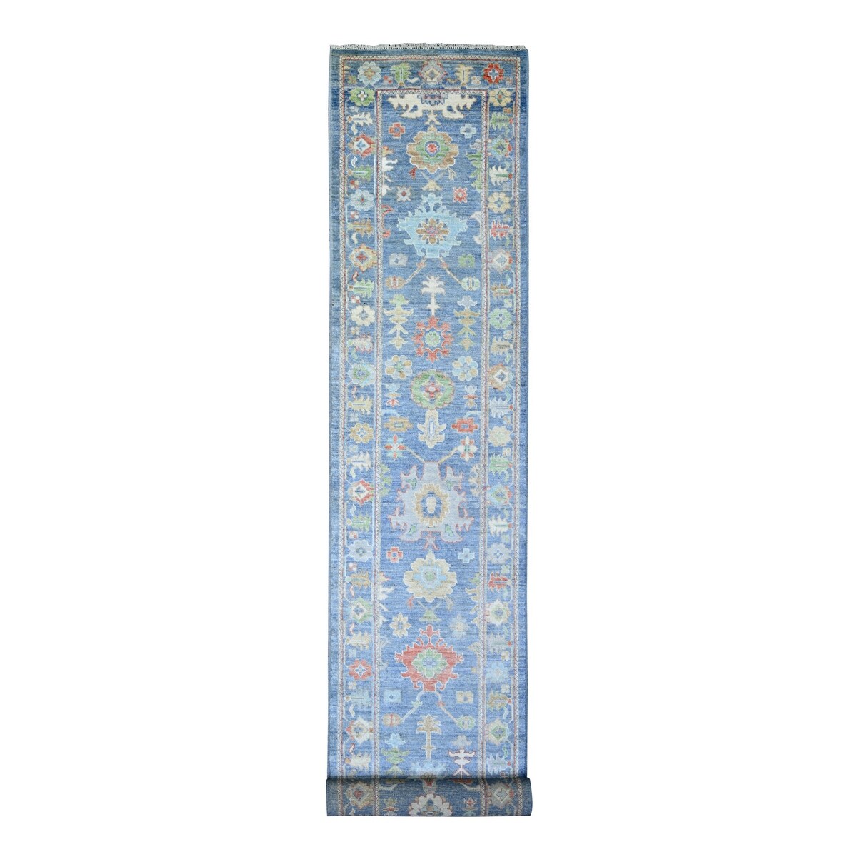 Shahbanu Rugs Air Superiority Blue Hand Knotted Afghan Oushak with Colorful Motifs Pure Wool XL Runner Rug (2'10" x 17'10")