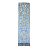 Shahbanu Rugs Air Superiority Blue Hand Knotted Afghan Oushak with Colorful Motifs Pure Wool XL Runner Rug (2'10" x 17'10")
