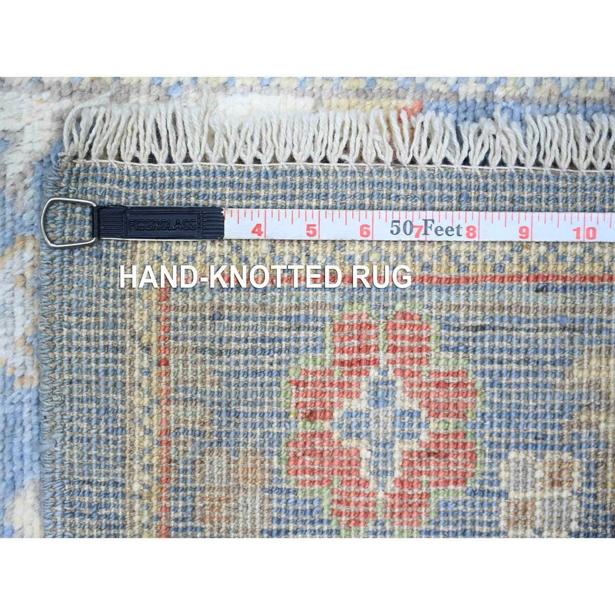 Shahbanu Rugs Air Superiority Blue Hand Knotted Afghan Oushak with Colorful Motifs Pure Wool XL Runner Rug (2'10" x 17'10")