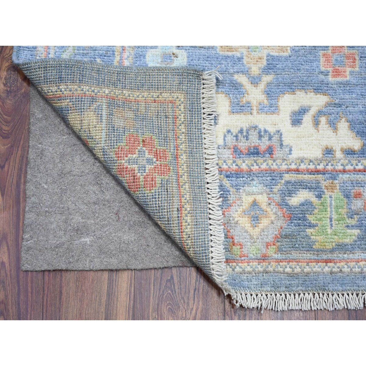 Shahbanu Rugs Air Superiority Blue Hand Knotted Afghan Oushak with Colorful Motifs Pure Wool XL Runner Rug (2'10" x 17'10")